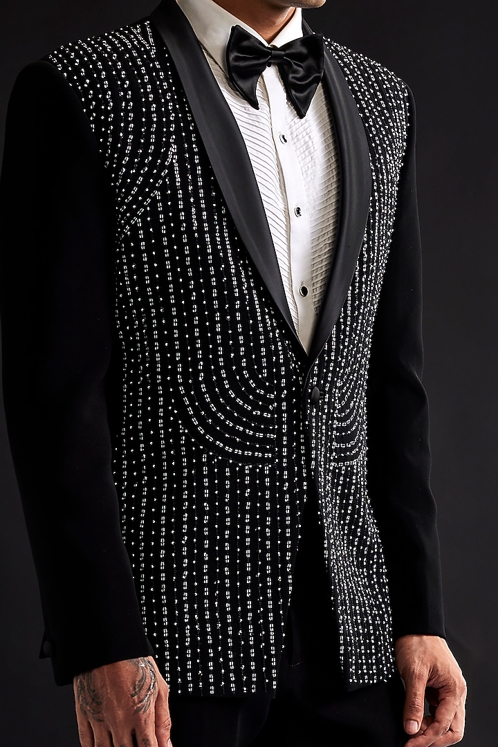 Black Sandwash Sequins Embroidered Tuxedo Set by Sarab Khanijou at Pernia's Pop Up Shop