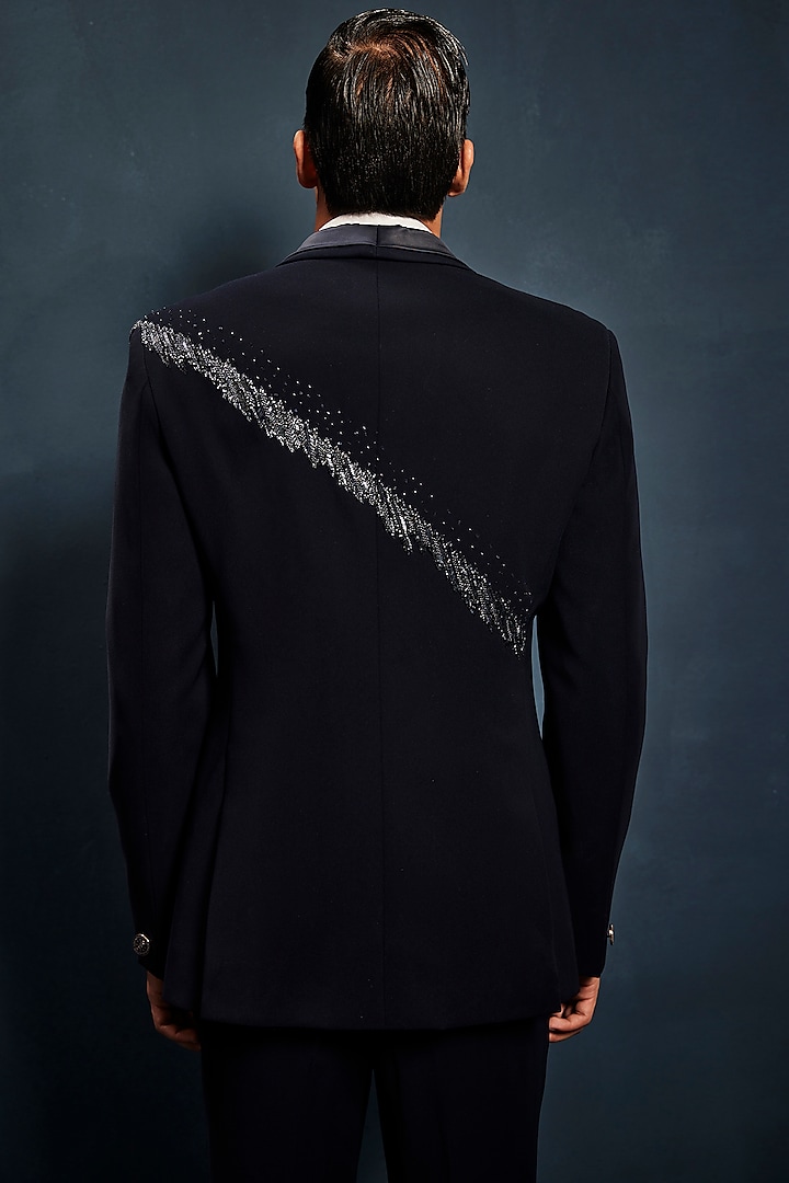 Navy Blue Sandwash Sequins Embroidered Tuxedo Set by Sarab Khanijou at Pernia's Pop Up Shop