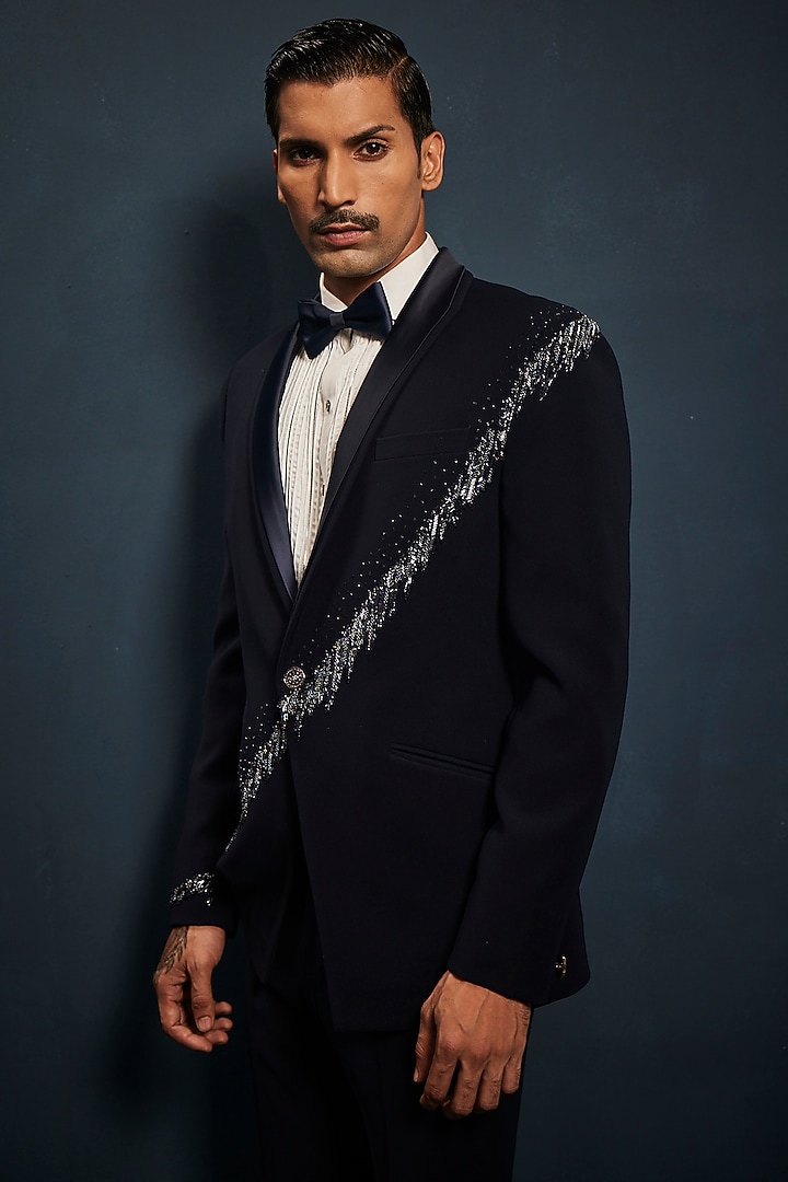 Navy Blue Sandwash Sequins Embroidered Tuxedo Set by Sarab Khanijou at Pernia's Pop Up Shop