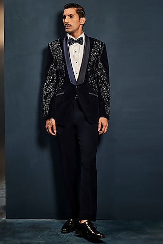 Navy Blue Velvet Sequins Embroidered Tuxedo Set by Sarab Khanijou