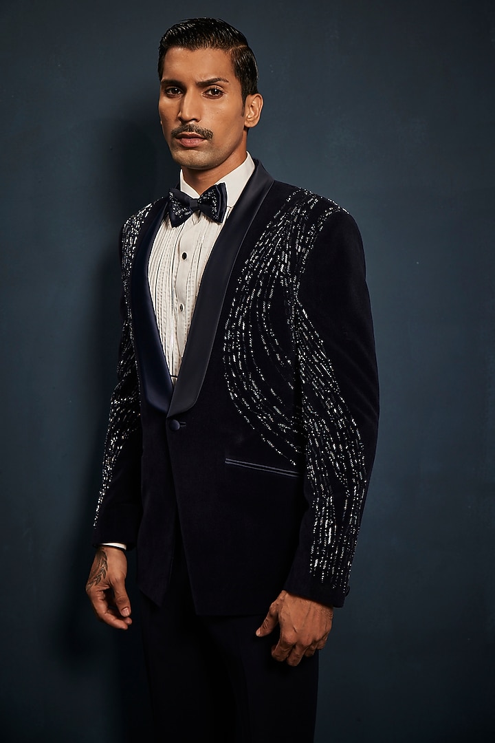 Navy Blue Velvet Sequins Embroidered Tuxedo Set by Sarab Khanijou at Pernia's Pop Up Shop