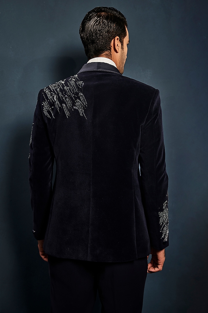 Navy Blue Velvet Sequins Embroidered Tuxedo Set by Sarab Khanijou at Pernia's Pop Up Shop