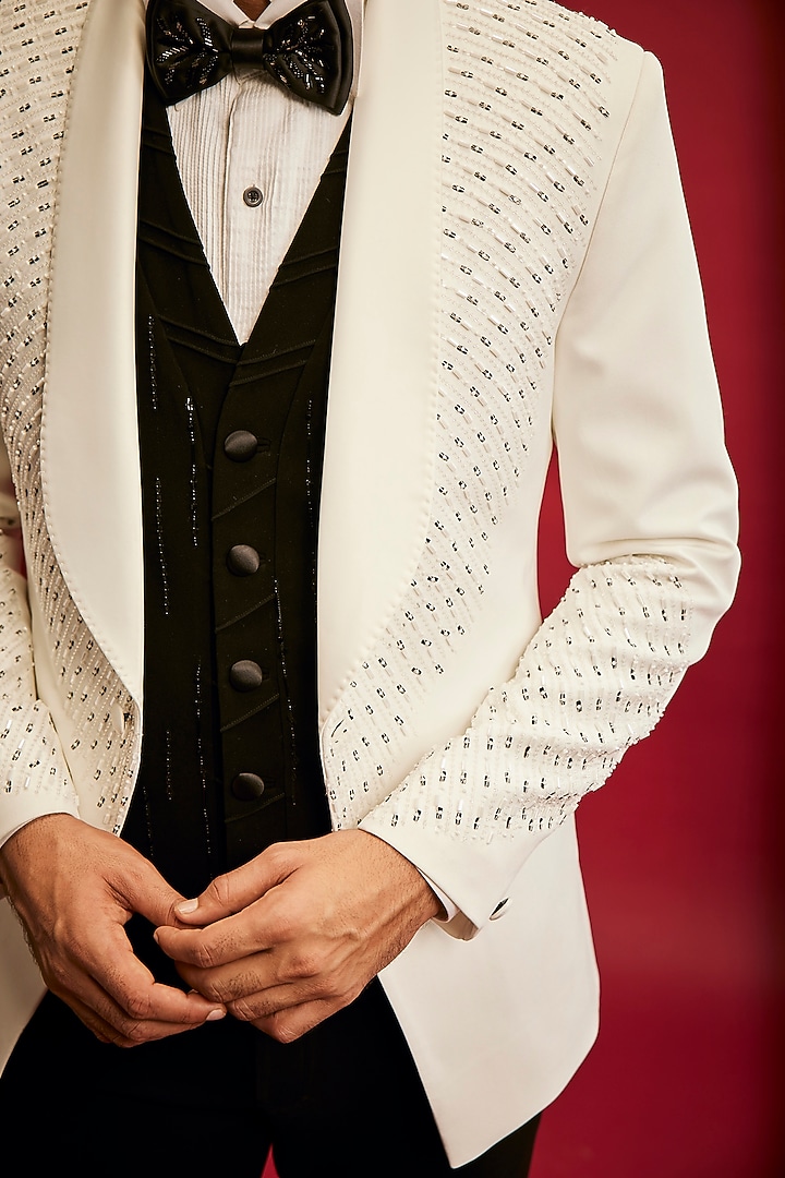 Ivory Sandwash Pearl Embroidered Tuxedo Set by Sarab Khanijou at Pernia's Pop Up Shop