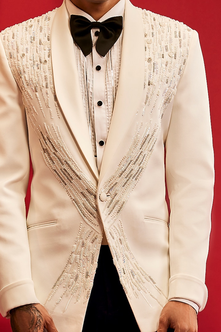 Ivory Sandwash Pearl Embroidered Tuxedo Set by Sarab Khanijou at Pernia's Pop Up Shop
