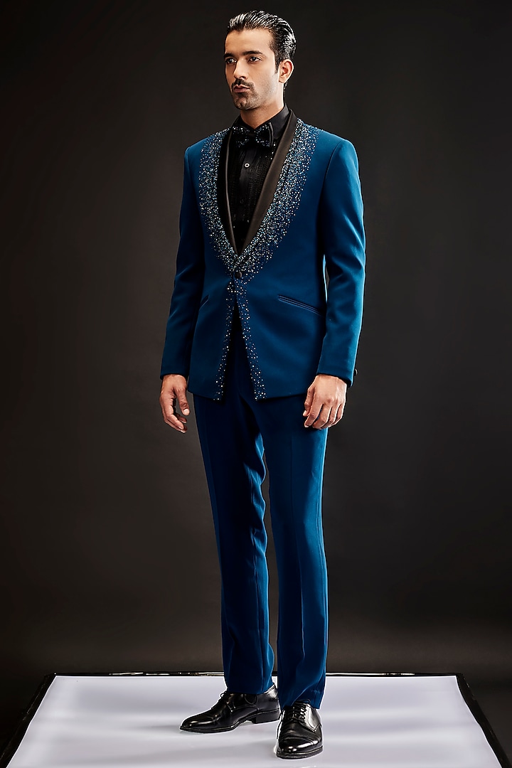 Teal Blue Sandwash Sequins Embroidered Tuxedo Set by Sarab Khanijou at Pernia's Pop Up Shop