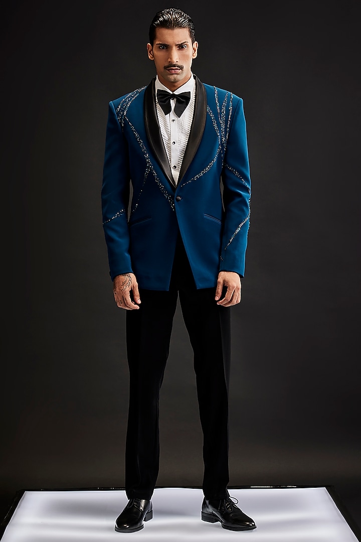 Teal Blue Sandwash Pearl & Sequins Embroidered Tuxedo Set by Sarab Khanijou at Pernia's Pop Up Shop