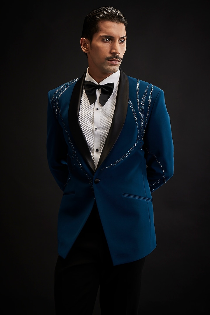 Teal Blue Sandwash Pearl & Sequins Embroidered Tuxedo Set by Sarab Khanijou at Pernia's Pop Up Shop
