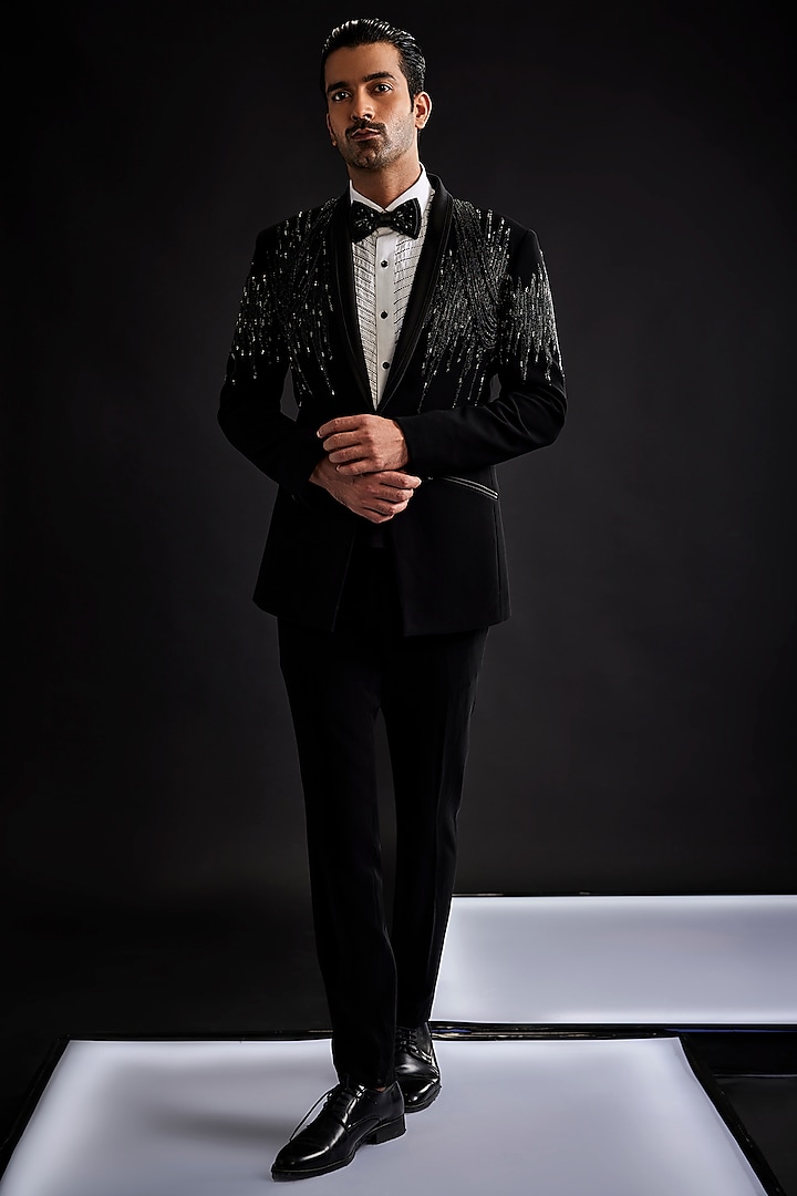 Black Sandwash Pearl Embroidered Tuxedo Set by Sarab Khanijou