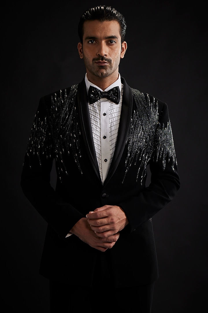 Black Sandwash Pearl Embroidered Tuxedo Set by Sarab Khanijou at Pernia's Pop Up Shop