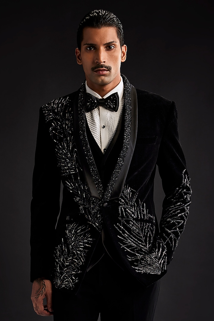 Black Velvet Embroidered Tuxedo Set by Sarab Khanijou at Pernia's Pop Up Shop