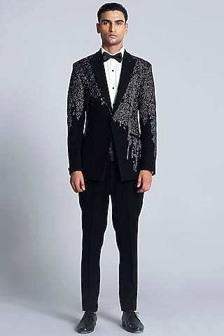 Black Sandwash Applique Work Tuxedo Set by Sarab Khanijou