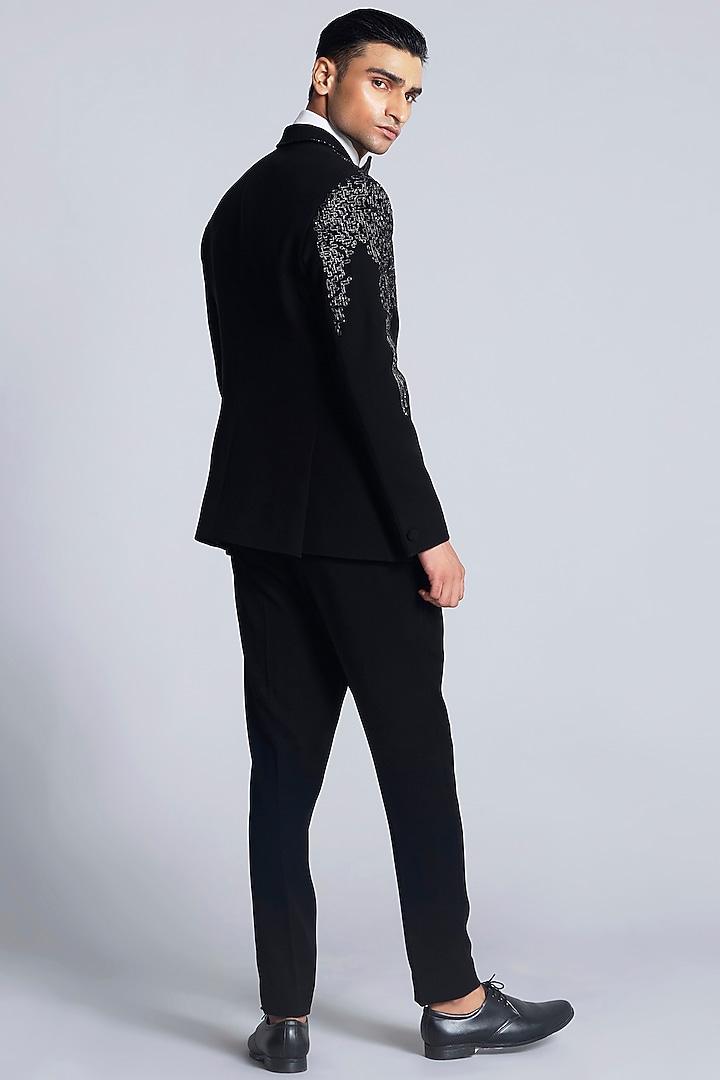 Black Sandwash Applique Work Tuxedo Set by Sarab Khanijou at Pernia's Pop Up Shop
