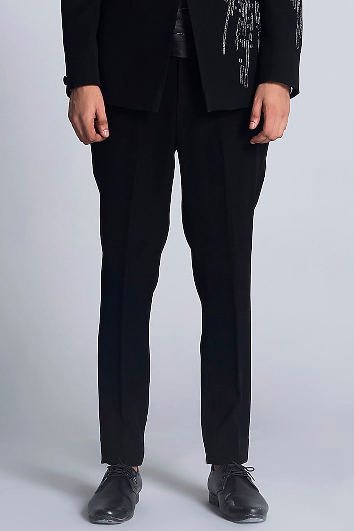 Black Sandwash Applique Work Tuxedo Set by Sarab Khanijou at Pernia's Pop Up Shop