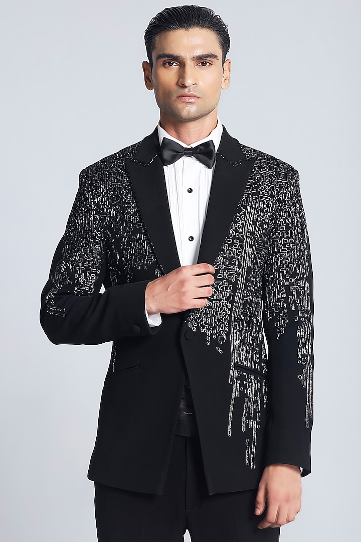 Black Sandwash Applique Work Tuxedo Set by Sarab Khanijou at Pernia's Pop Up Shop