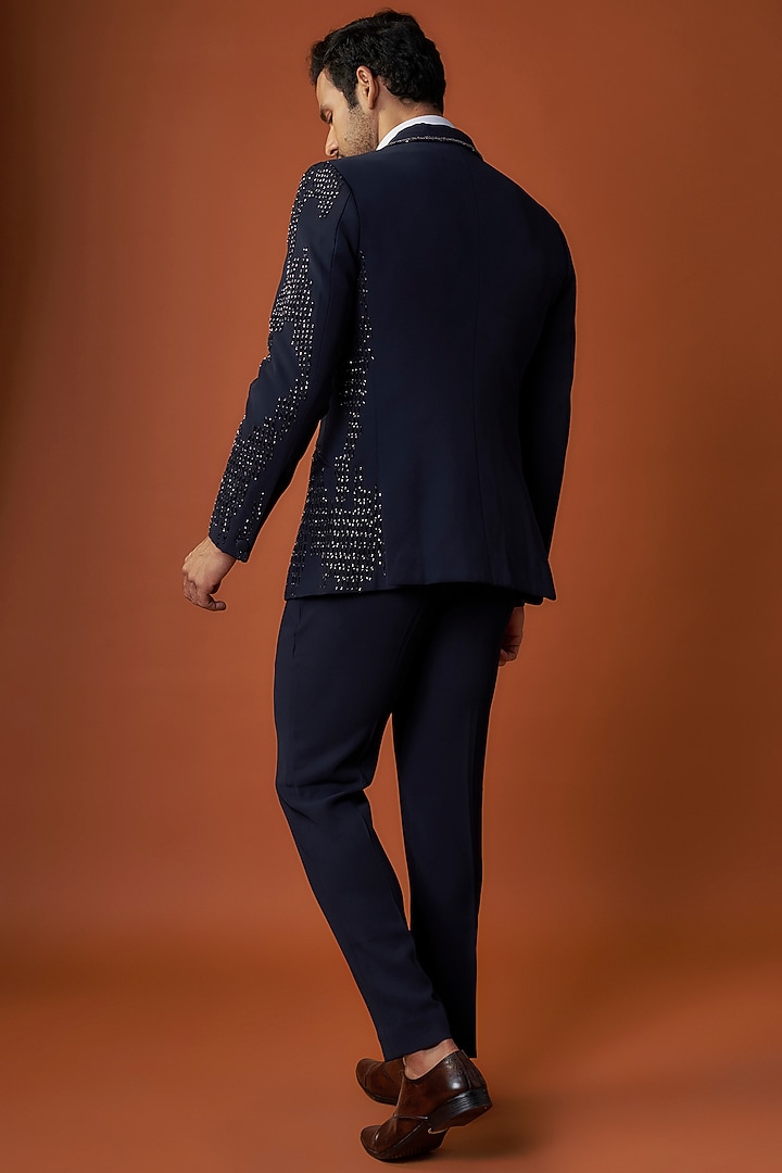 Navy Sandwash Applique Work Tuxedo Set by Sarab Khanijou at Pernia's Pop Up Shop
