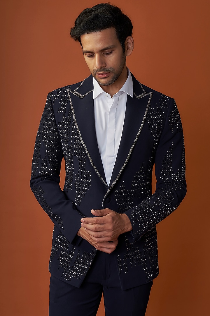 Navy Sandwash Applique Work Tuxedo Set by Sarab Khanijou at Pernia's Pop Up Shop