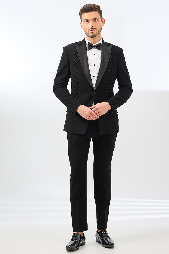 Black Suiting Embroidered Tuxedo Set by Sarab Khanijou at Pernia's Pop Up Shop