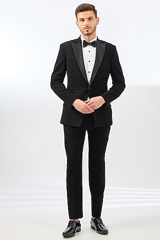 Black Suiting Embroidered Tuxedo Set by Sarab Khanijou