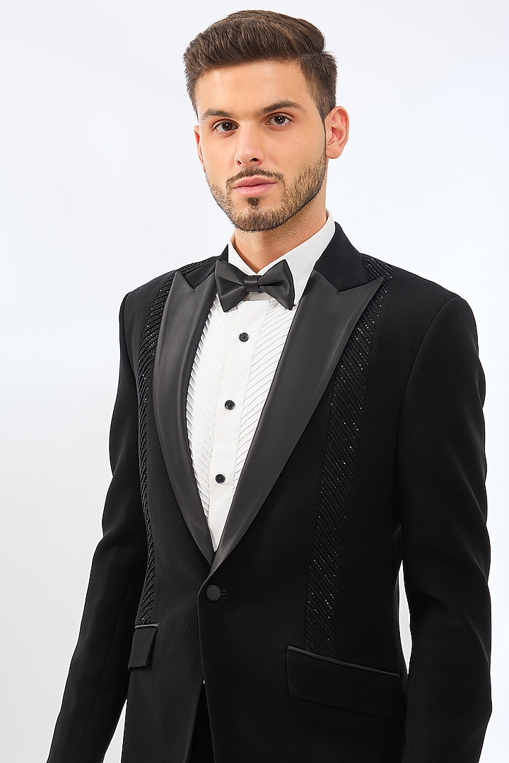 Black Suiting Embroidered Tuxedo Set by Sarab Khanijou at Pernia's Pop Up Shop