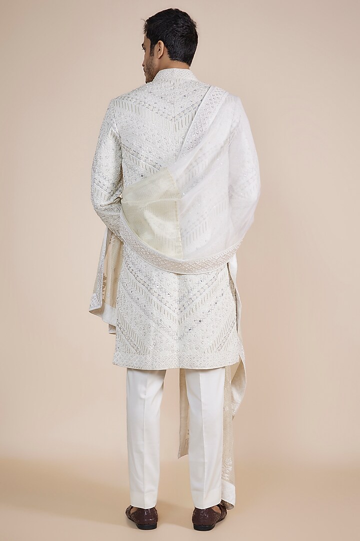 Ivory Silk Groom Sherwani Set by Sarab Khanijou at Pernia's Pop Up Shop