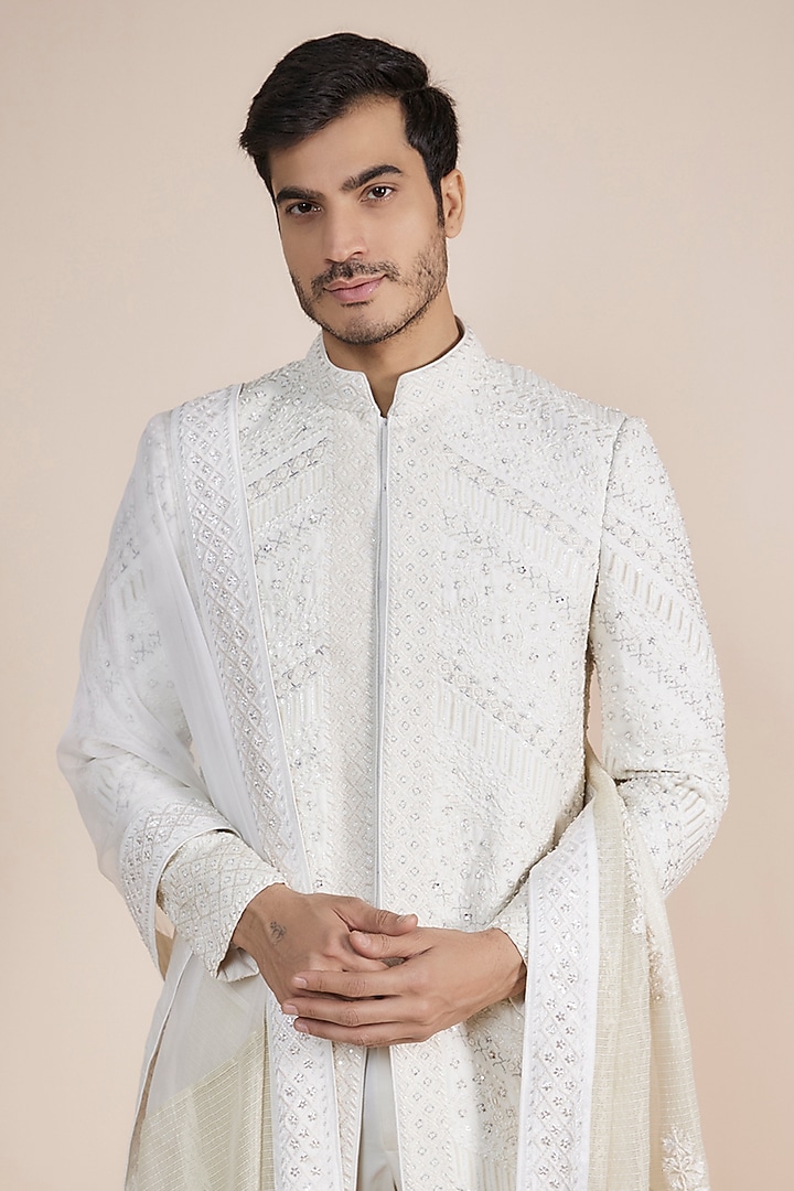 Ivory Silk Groom Sherwani Set by Sarab Khanijou at Pernia's Pop Up Shop