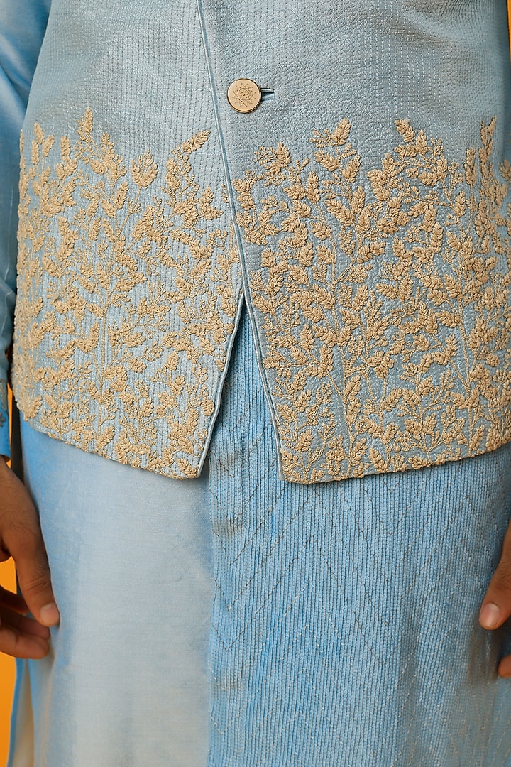 Sky Blue Silk Thread Embroidered Bundi Jacket Set by Sarab Khanijou at Pernia's Pop Up Shop