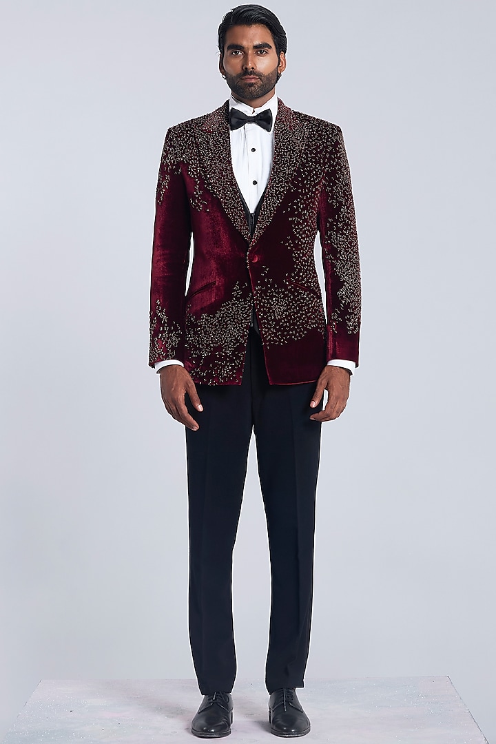 Wine Velvet Embroidered Tuxedo Set by Sarab Khanijou