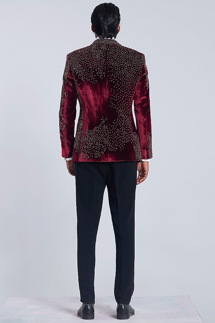 Wine Velvet Embroidered Tuxedo Set by Sarab Khanijou at Pernia's Pop Up Shop