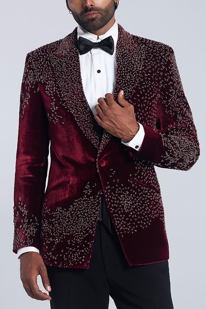 Wine Velvet Embroidered Tuxedo Set by Sarab Khanijou at Pernia's Pop Up Shop