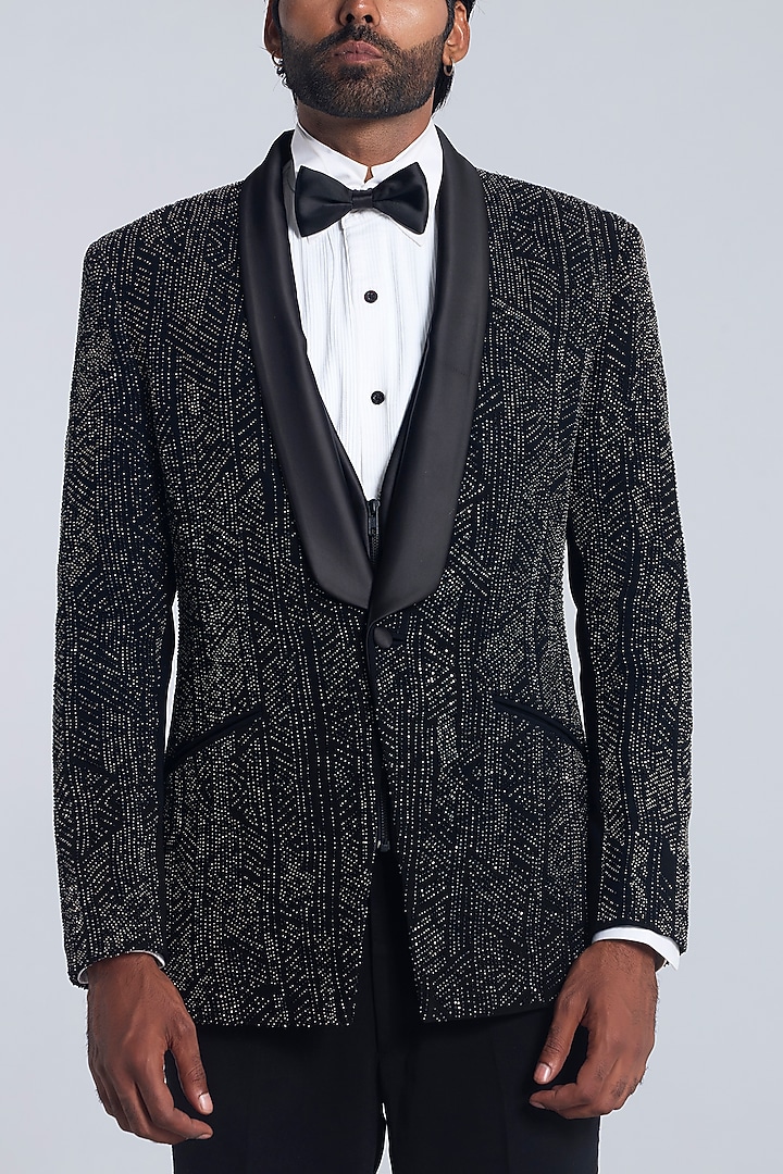 Black Sandwash Pearl Embroidered Tuxedo Set by Sarab Khanijou at Pernia's Pop Up Shop