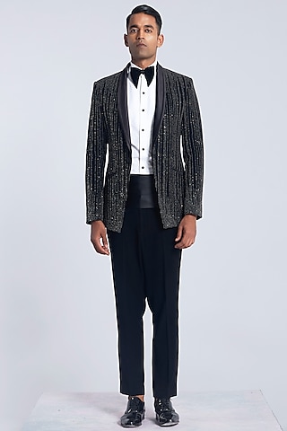 Black Sandwash Embroidered Tuxedo Set by Sarab Khanijou