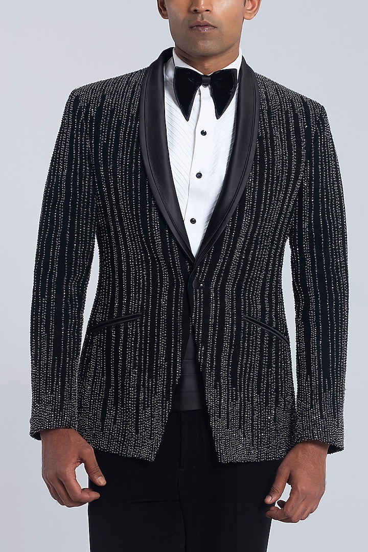 Black Sandwash Embroidered Tuxedo Set by Sarab Khanijou at Pernia's Pop Up Shop