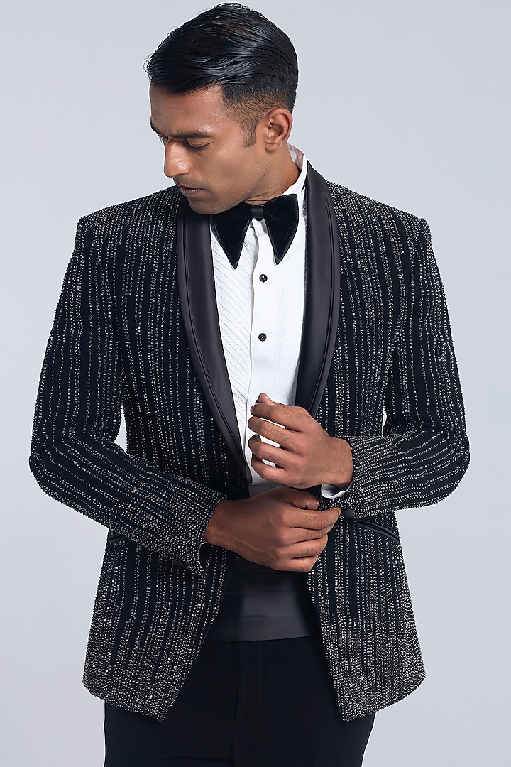 Black Sandwash Embroidered Tuxedo Set by Sarab Khanijou at Pernia's Pop Up Shop