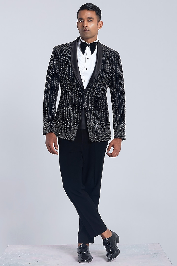 Black Sandwash Embroidered Tuxedo Set by Sarab Khanijou at Pernia's Pop Up Shop