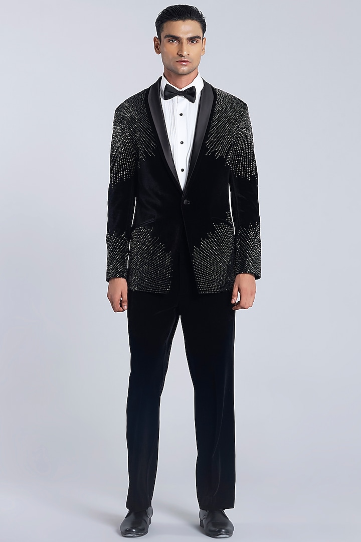 Black Velvet Placement Work Tuxedo Set by Sarab Khanijou at Pernia's Pop Up Shop