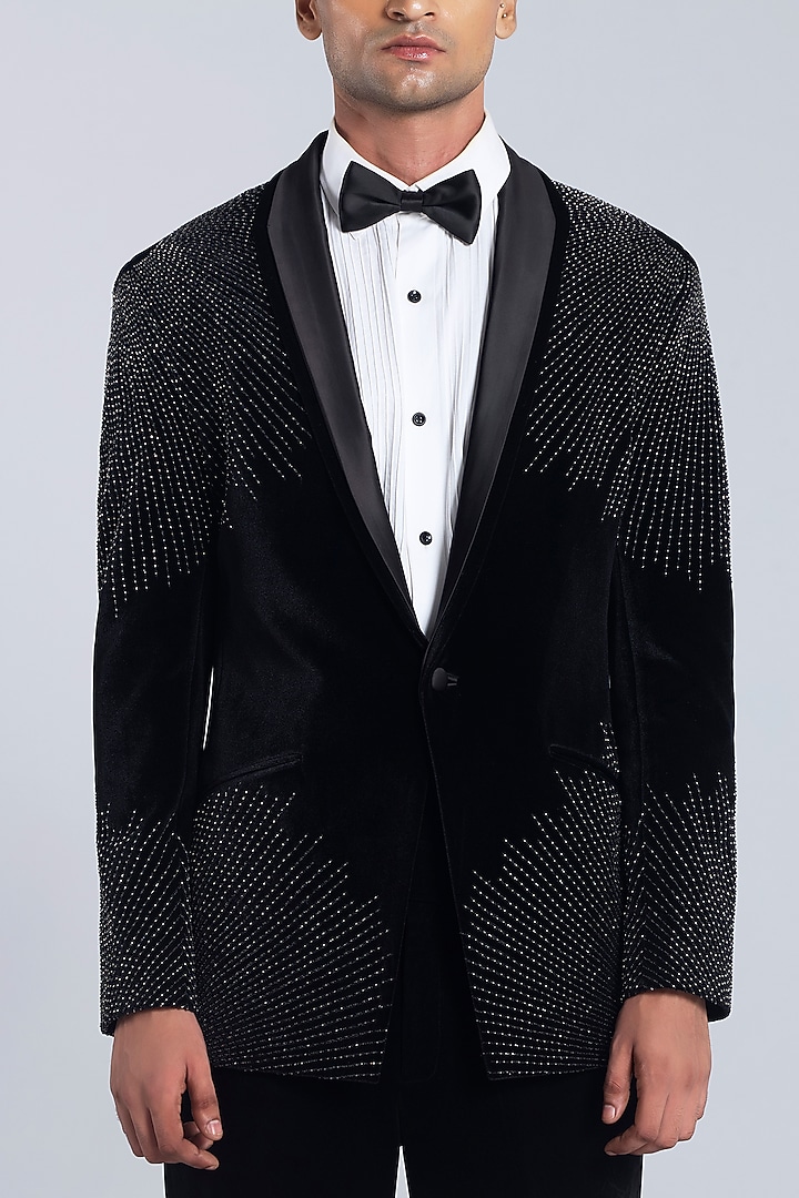 Black Velvet Placement Work Tuxedo Set by Sarab Khanijou at Pernia's Pop Up Shop