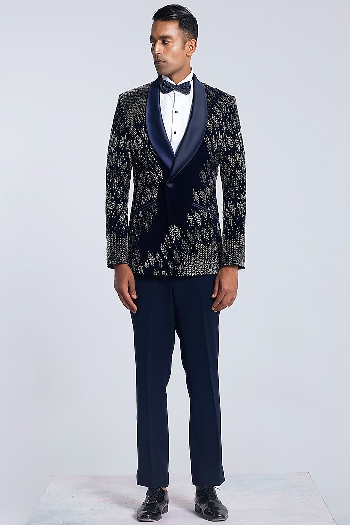 Navy Blue Velvet Pearl Embroidered Tuxedo Set by Sarab Khanijou at Pernia's Pop Up Shop