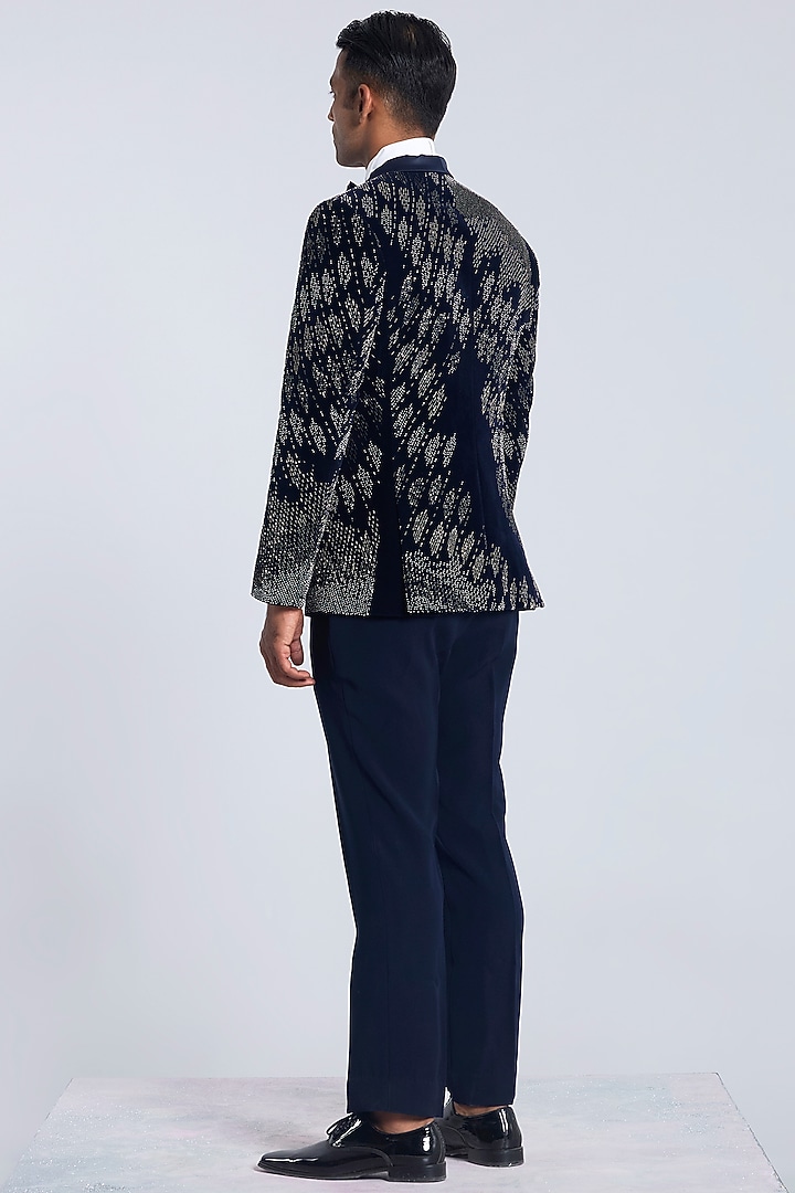 Navy Blue Velvet Pearl Embroidered Tuxedo Set by Sarab Khanijou at Pernia's Pop Up Shop