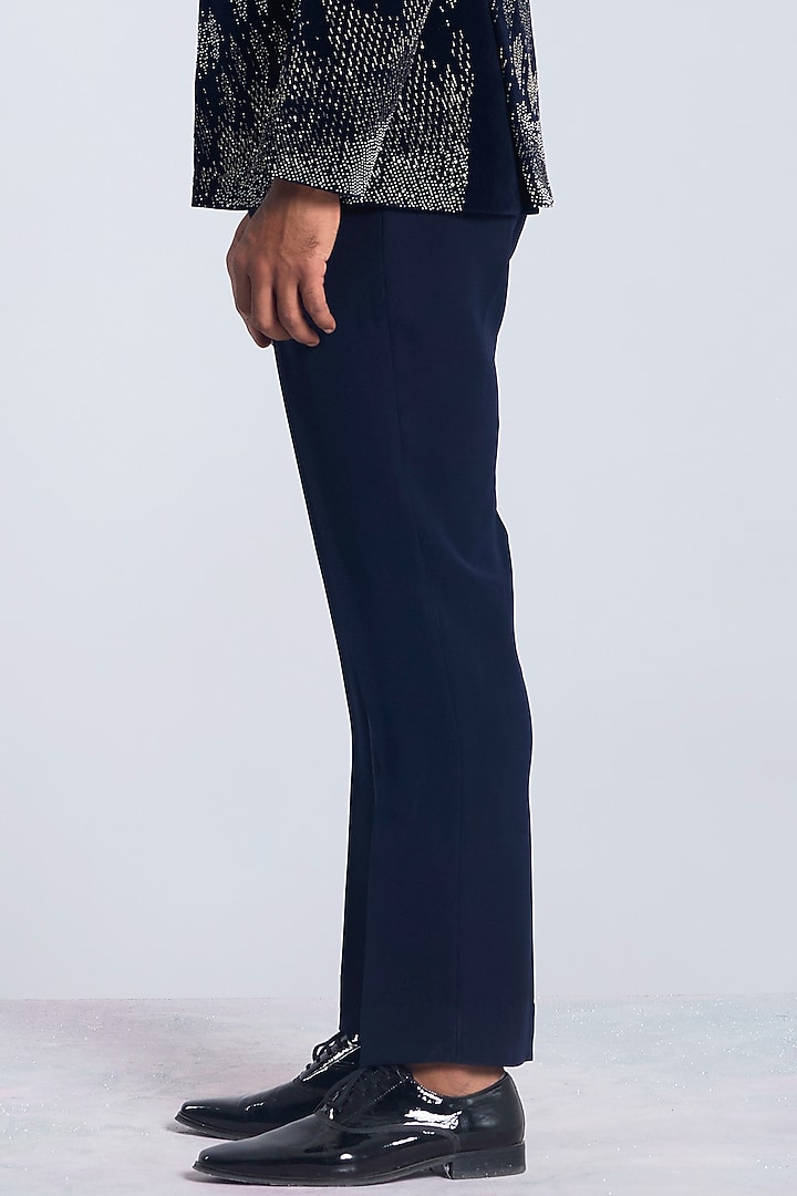Navy Blue Velvet Pearl Embroidered Tuxedo Set by Sarab Khanijou at Pernia's Pop Up Shop