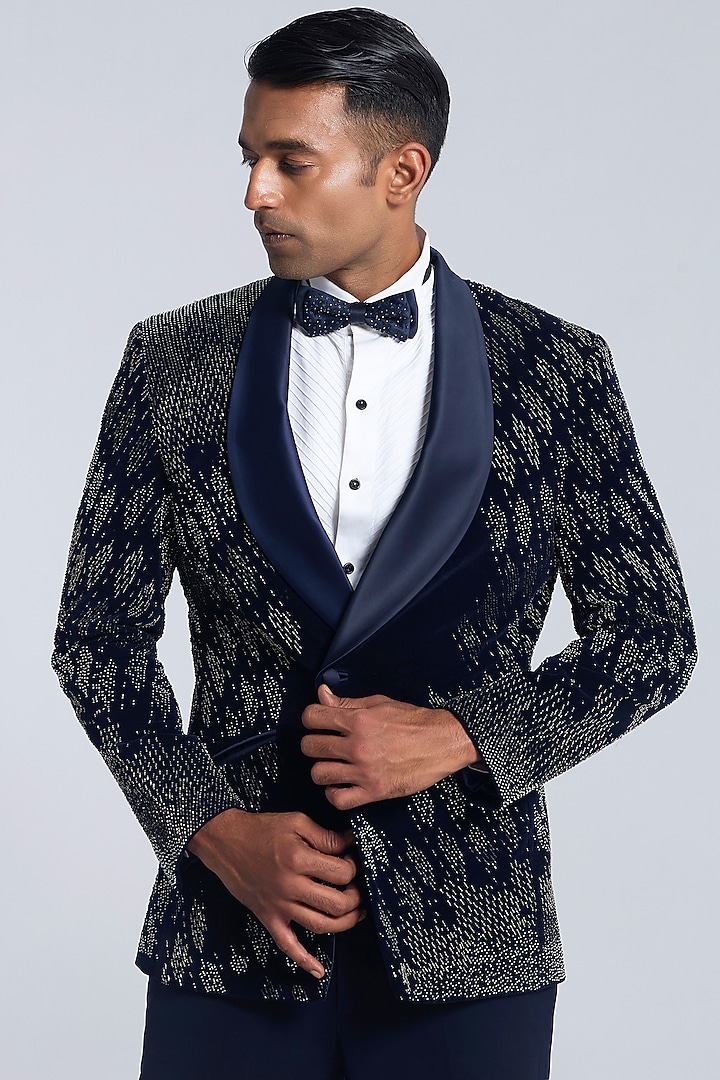 Navy Blue Velvet Pearl Embroidered Tuxedo Set by Sarab Khanijou at Pernia's Pop Up Shop