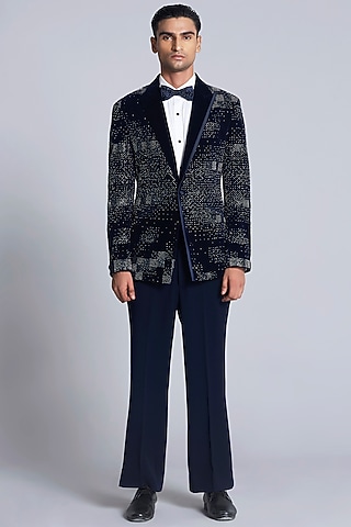 Navy Blue Velvet Pearl Embroidered Tuxedo Set by Sarab Khanijou