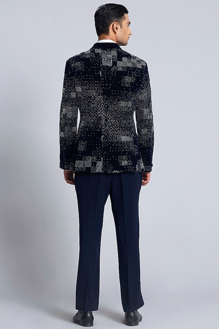 Navy Blue Velvet Pearl Embroidered Tuxedo Set by Sarab Khanijou at Pernia's Pop Up Shop