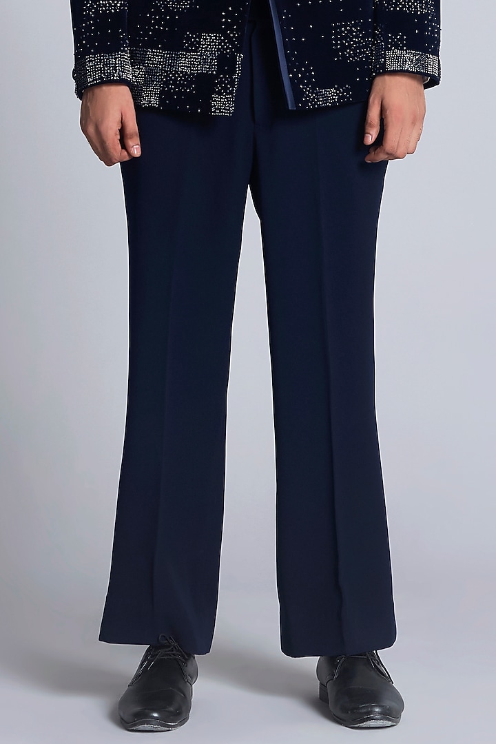 Navy Blue Velvet Pearl Embroidered Tuxedo Set by Sarab Khanijou at Pernia's Pop Up Shop