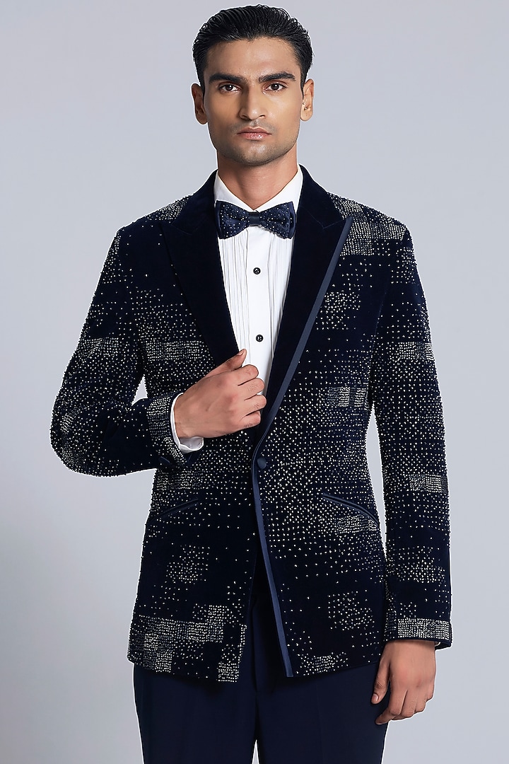 Navy Blue Velvet Pearl Embroidered Tuxedo Set by Sarab Khanijou at Pernia's Pop Up Shop