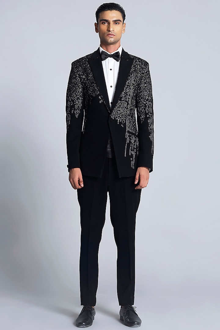 Black Sandwash Applique Work & Embroidered Tuxedo Set by Sarab Khanijou at Pernia's Pop Up Shop