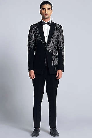 Black Sandwash Applique Work & Embroidered Tuxedo Set by Sarab Khanijou