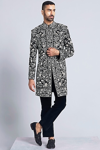Black Velvet Thread Embroidered Indowestern Set by Sarab Khanijou