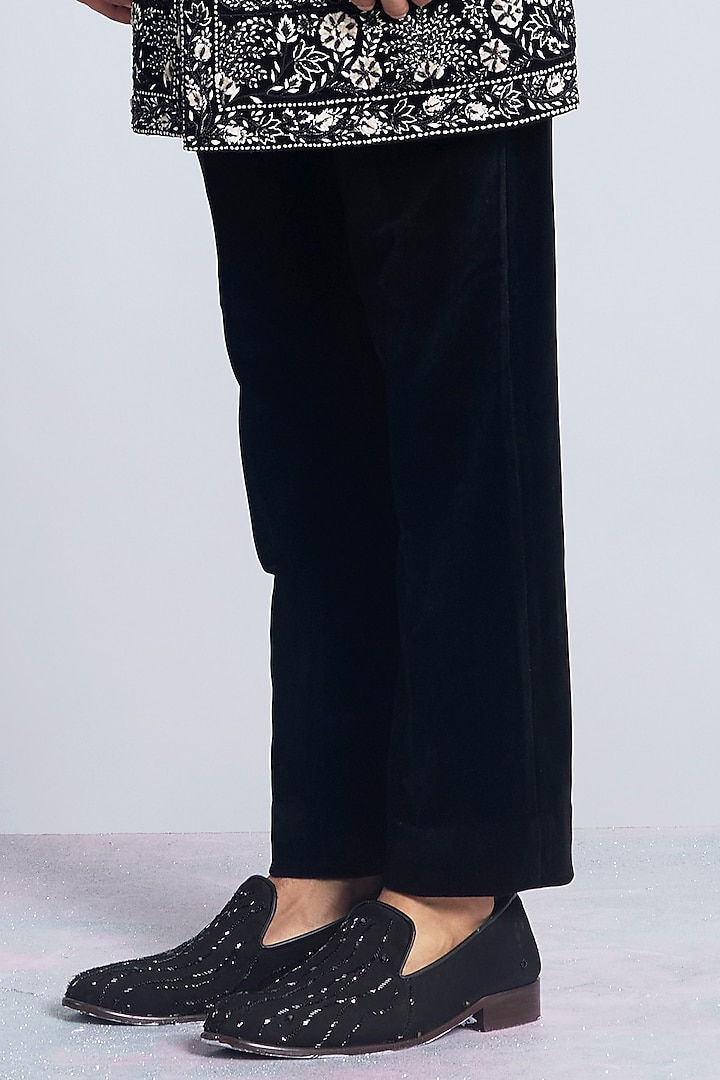 Black Velvet Thread Embroidered Groom Indowestern Set by Sarab Khanijou at Pernia's Pop Up Shop