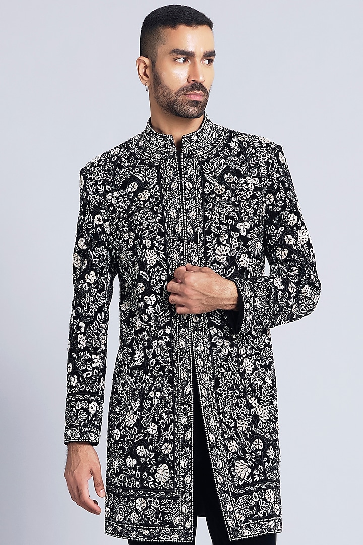 Black Velvet Thread Embroidered Groom Indowestern Set by Sarab Khanijou at Pernia's Pop Up Shop