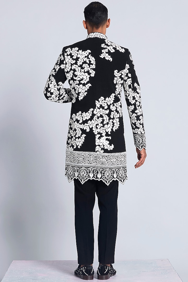 Black Sandwash Applique Work Groom Indowestern Set by Sarab Khanijou at Pernia's Pop Up Shop